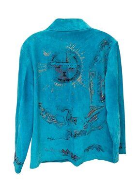 Vintage Chico's Blue Suede Leather Western Aztec Print Jacket - Size 1, Medium
